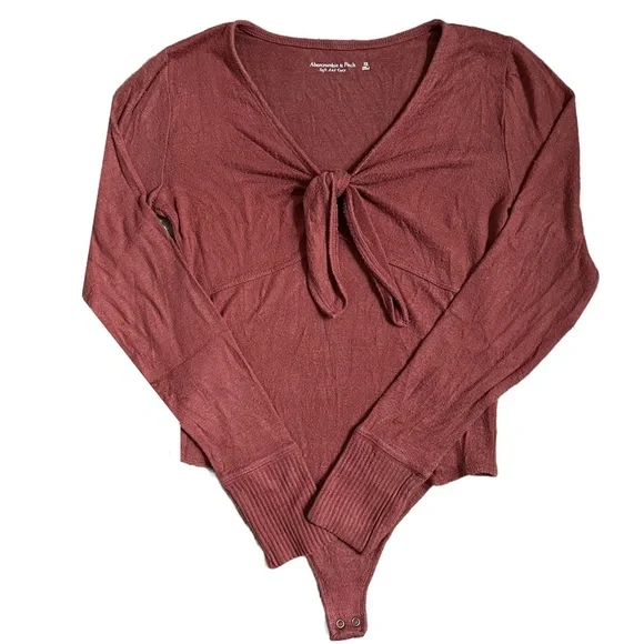 ABERCROMBIE & FITCH BURNT ORANGE SOFT LONG SLEEVE V NECK TIE FRONT BODYSUIT - Picture 4 of 10